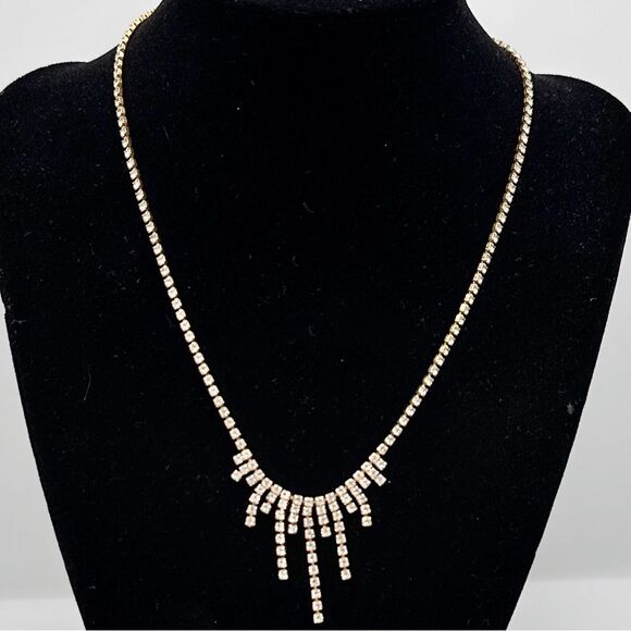 Vintage Monet Art Deco Rhinestone Waterfall Necklace Gold Tone Flapper 16 In - Picture 2 of 6